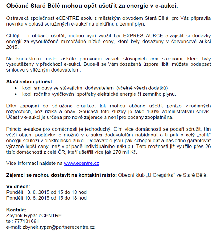 Občané Staré Bělé mohou opět ušetřit za energie v e-aukci