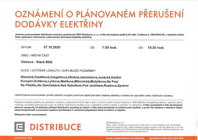 Oznámení o plánovaném přerušení dodávky elektřiny