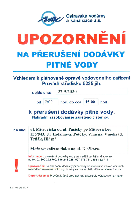 Oznámení o přerušení dodávky pitné vody