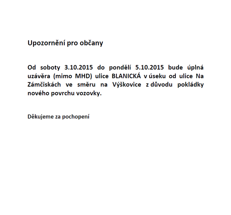 UPOZORNĚNÍ PRO OBČANY