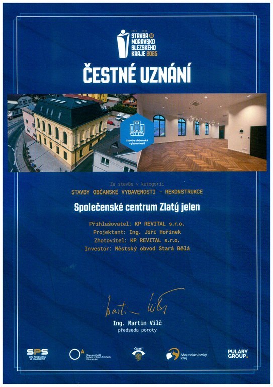 Zlatý jelen získal ocenění v rámci Stavby roku moravskoslezského kraje