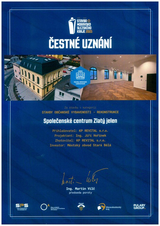 Zlatý jelen získal ocenění v rámci Stavby roku moravskoslezského kraje
